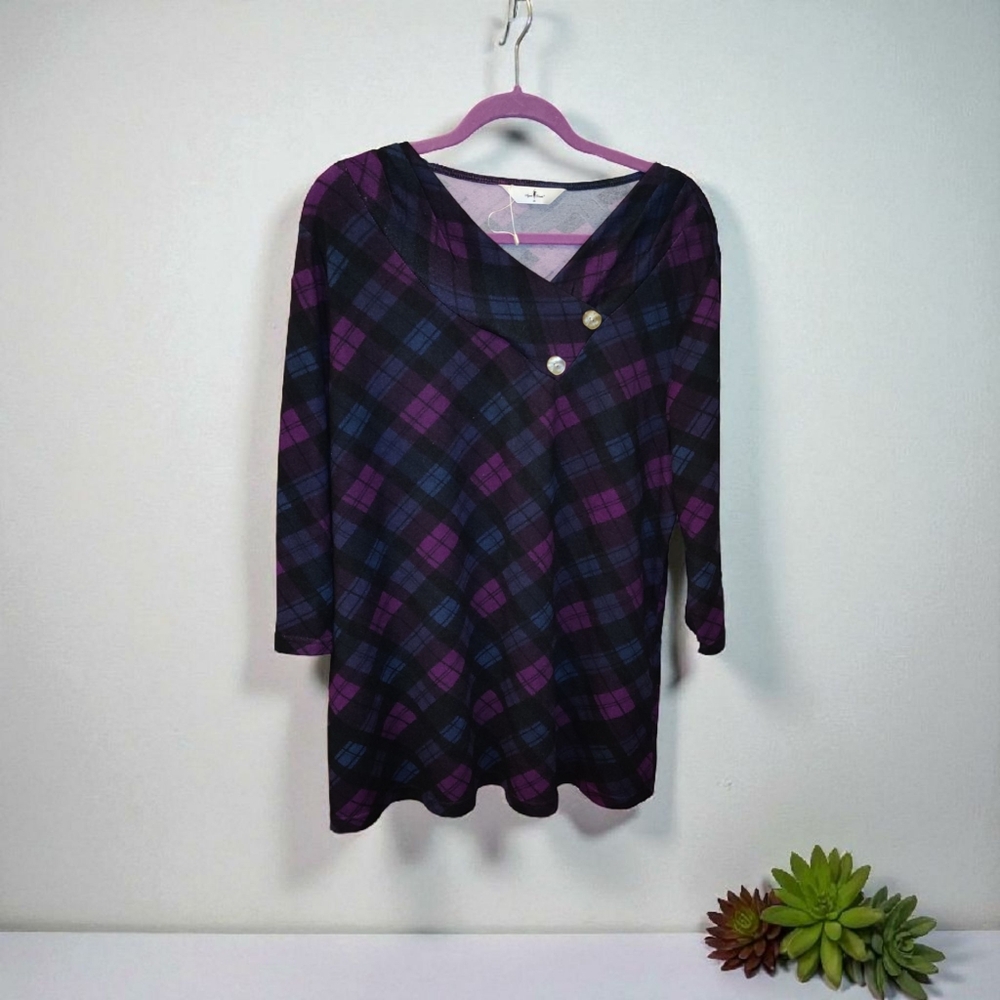 Allegra K Plaid Blouse - Purple and Black